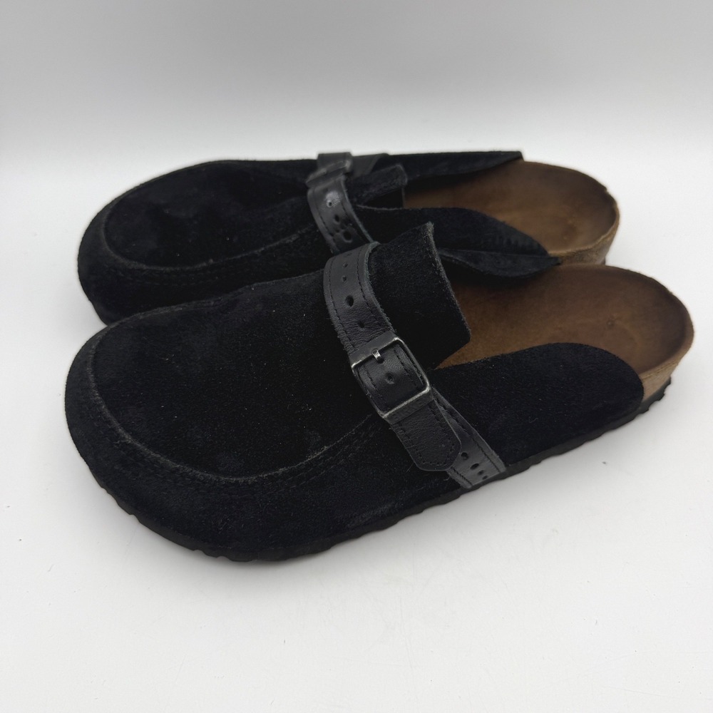Birkenstock Buckley Clogs Women 37 US 6 Black Suede Leather Strap Moccasin Mules